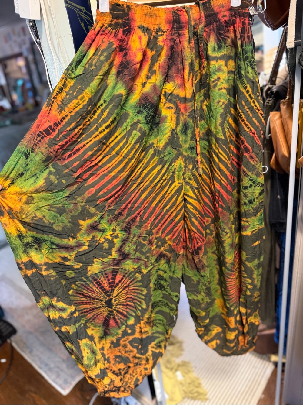 Wide Leg Tie-Dye Harem Pants in Green, Yellow & Orange